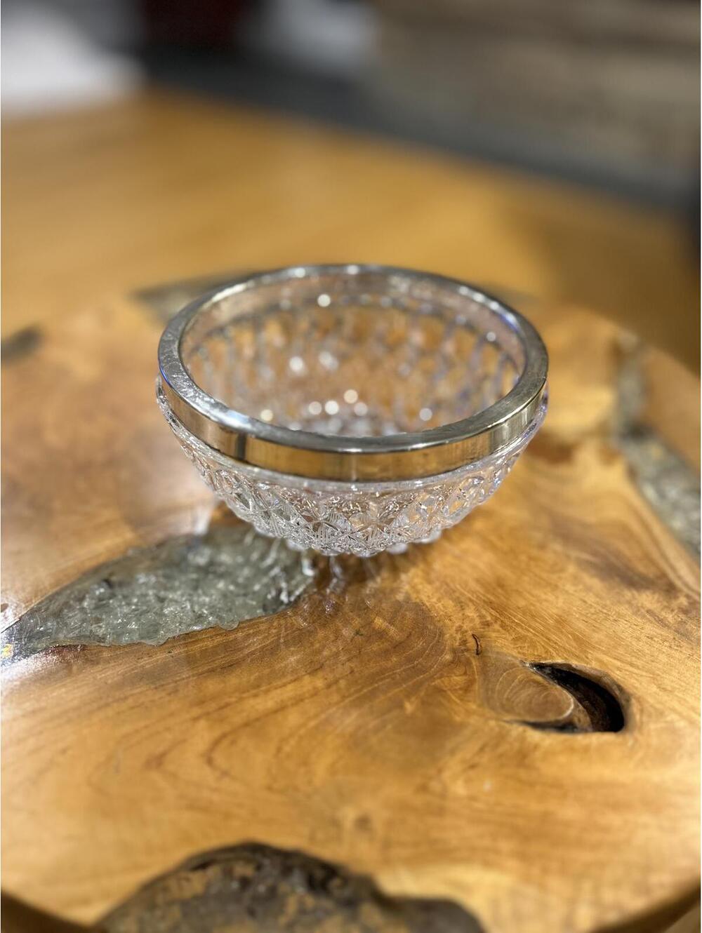 Decorative Cut Glass Bowl with silver plated Rim